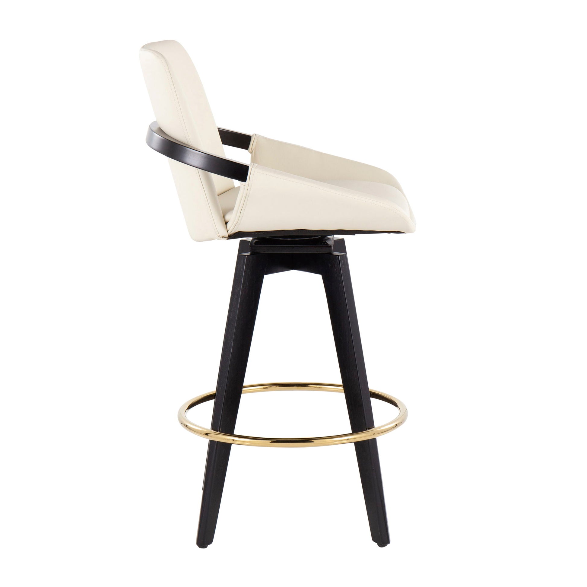 The Cosmo Contemporary Fixed Height Counter Stool (Set of 2) features a cream cushioned seat and back, black wooden legs, and a round gold footrest; shown in profile against a white background.