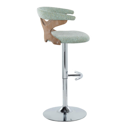 The Gardenia Contemporary Adjustable Barstool (Set of 2) features a chrome round base, swivel seat, metal rounded T footrest, cushioned green seat, and a curved wooden backrest with green upholstery.