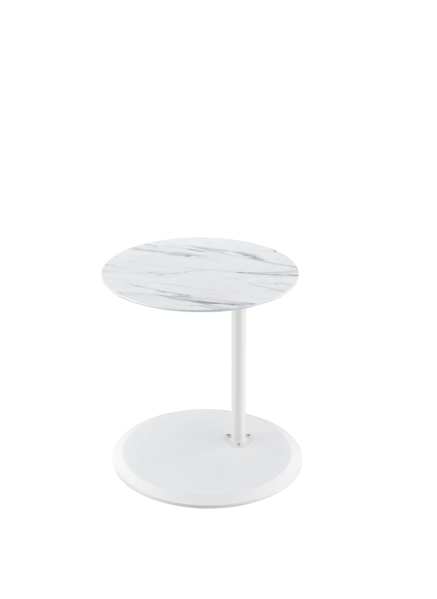 The Orbit 15.5" End Table features a height-adjustable, marble-textured round top with a single central white metal leg and matching round base, shown against a plain white background.