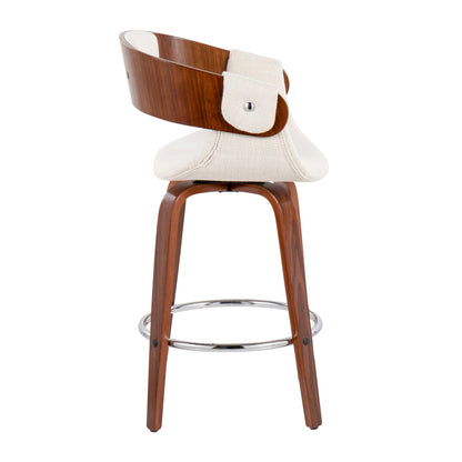 The Elisa - Mid Century Modern Counter Stool (Set of 2) features a curved wood backrest, light beige cushioned seat, four wooden legs, and a chrome footrest for a sleek, contemporary look.