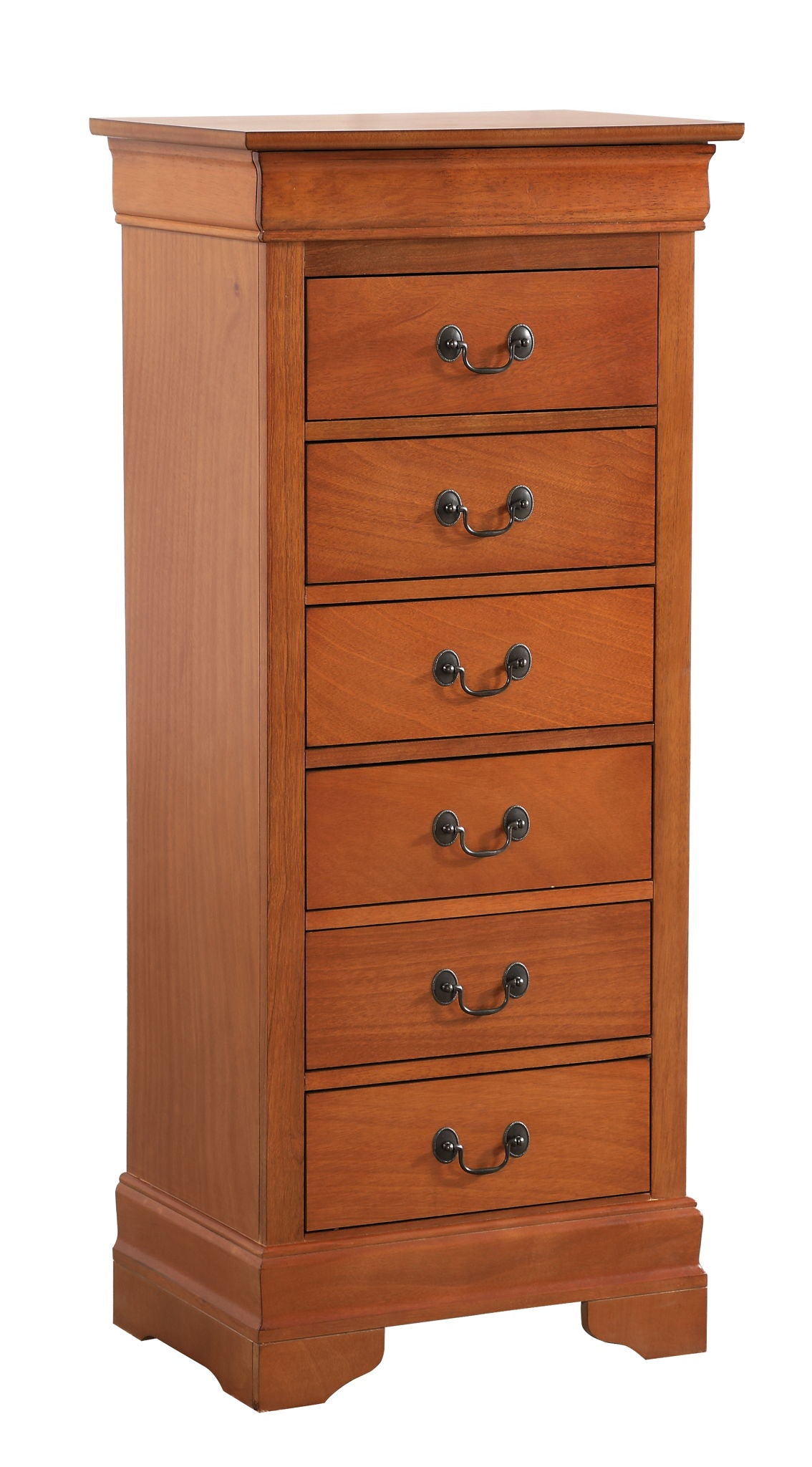 The Traditional Style Lingerie Storage Chest Timeless is a tall wooden chest with six drawers, each with two metal handles, a polished finish, and decorative base molding.