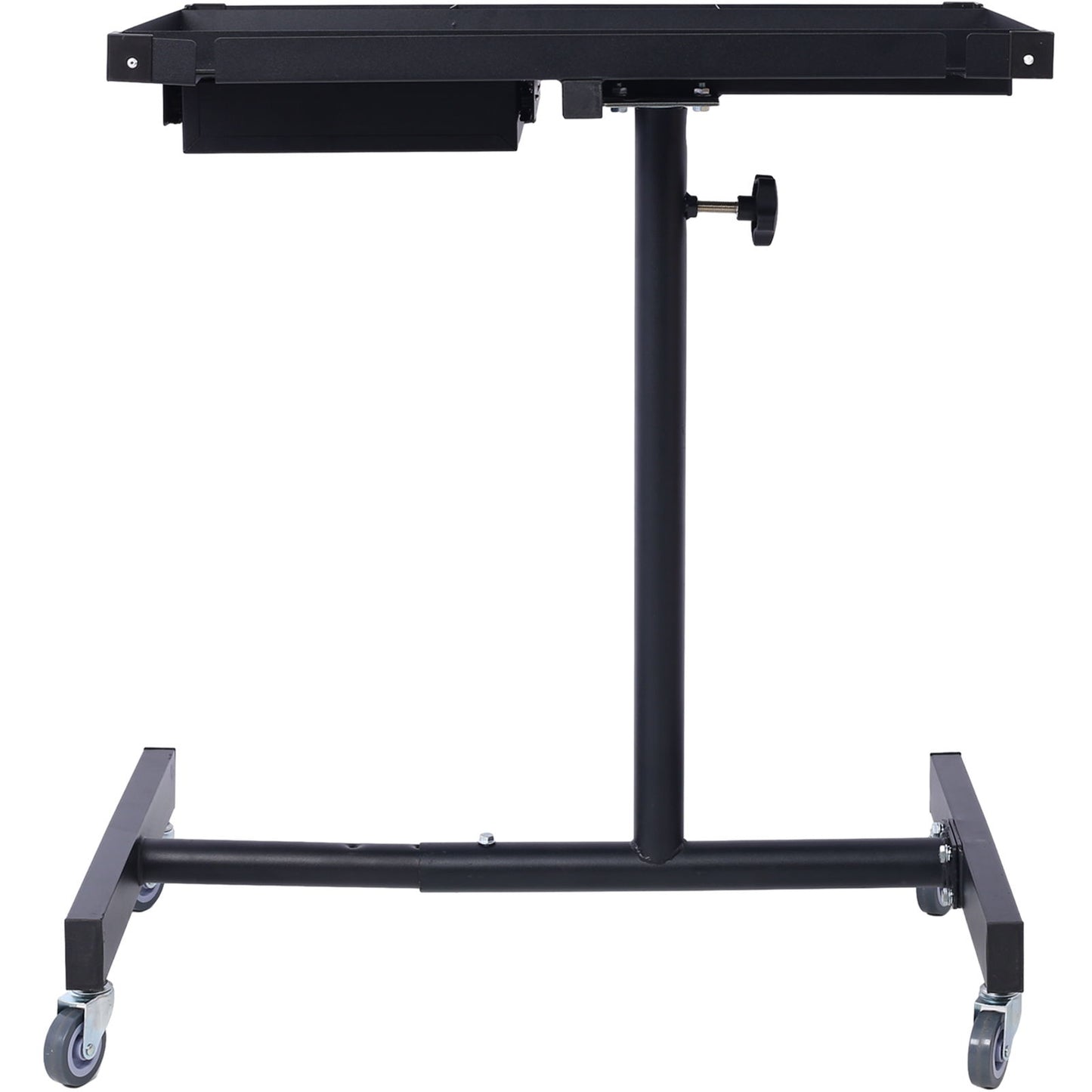 The Adjustable Tear Down Work Table features a black heavy duty steel frame with a T-shaped base on four 2.5" swivel casters, vertical support, rubber corners, an adjustable top platform, and a drawer. Ideal for garages and repair shops with 220 lb capacity.