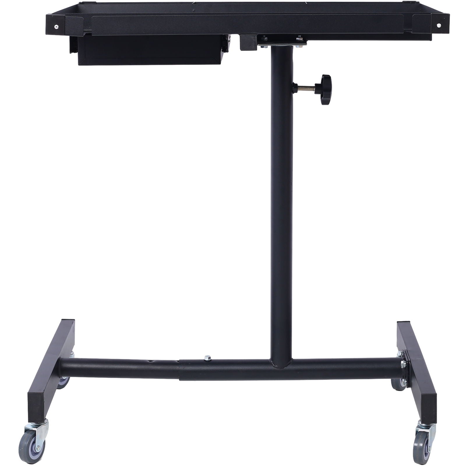 The Adjustable Tear Down Work Table features a black heavy duty steel frame with a T-shaped base on four 2.5" swivel casters, vertical support, rubber corners, an adjustable top platform, and a drawer. Ideal for garages and repair shops with 220 lb capacity.