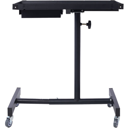 The Adjustable Tear Down Work Table features a black heavy duty steel frame with a T-shaped base on four 2.5" swivel casters, vertical support, rubber corners, an adjustable top platform, and a drawer. Ideal for garages and repair shops with 220 lb capacity.
