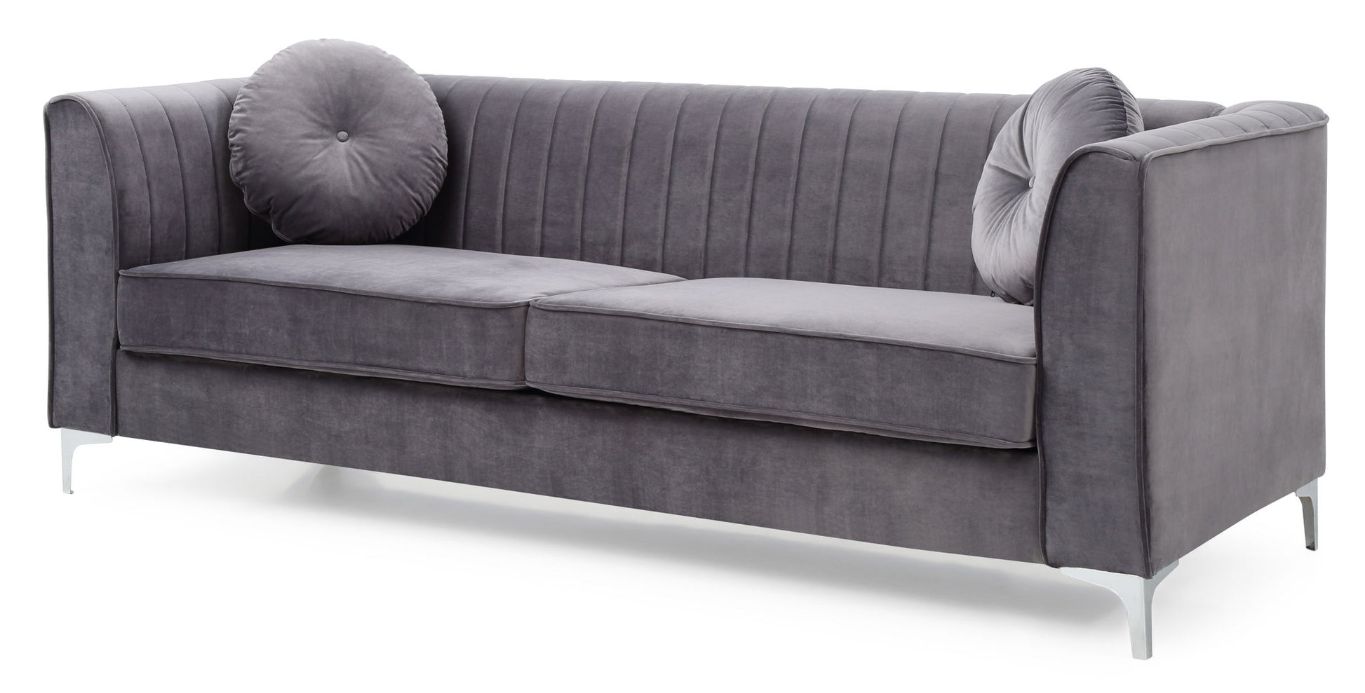The Delray - Micro Suede Sofa features a modern gray design with high flared arms, vertical-stitched backrest, silver metal legs, and includes two matching round pillows for a sleek, contemporary look.