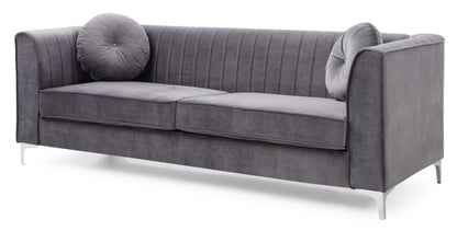 The Delray - Micro Suede Sofa features a modern gray design with high flared arms, vertical-stitched backrest, silver metal legs, and includes two matching round pillows for a sleek, contemporary look.