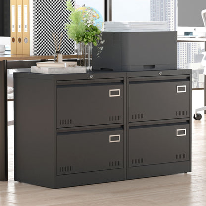 A black 2 Drawer Metal Lateral File Cabinet with a lock is shown in an office, topped with a printer, books, and a vase of green plants. Office supplies and city buildings appear in the background.