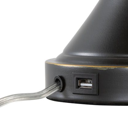 Close-up of the base of the Flint Contemporary Table Lamp, showing its built-in USB port and power cord on the side.