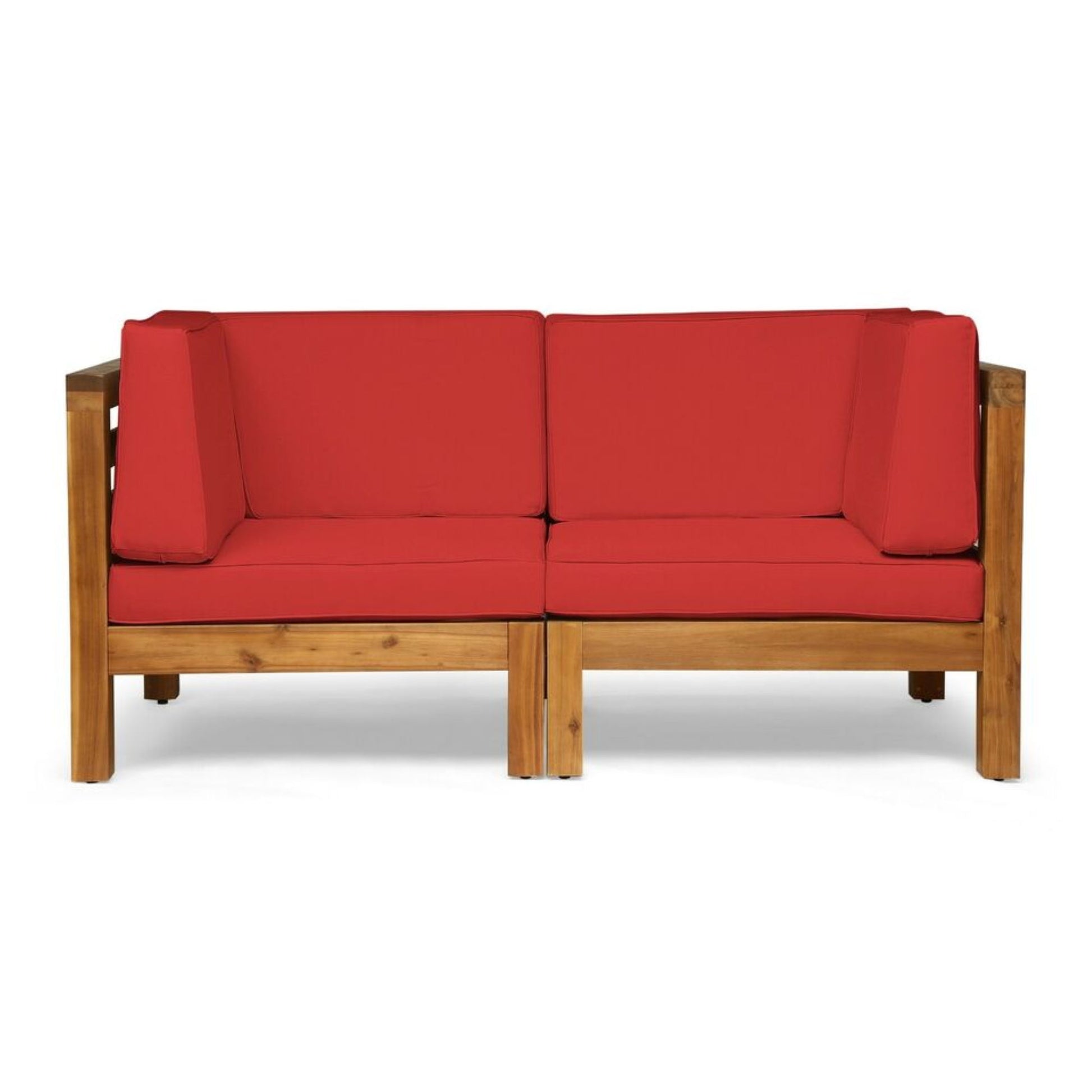 The Oana 2 Piece Loveseat Set features a wooden frame and bright red water-resistant seat and back cushions, with simple, clean lines and a modern design.