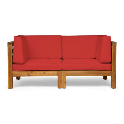The Oana 2 Piece Loveseat Set features a wooden frame and bright red water-resistant seat and back cushions, with simple, clean lines and a modern design.