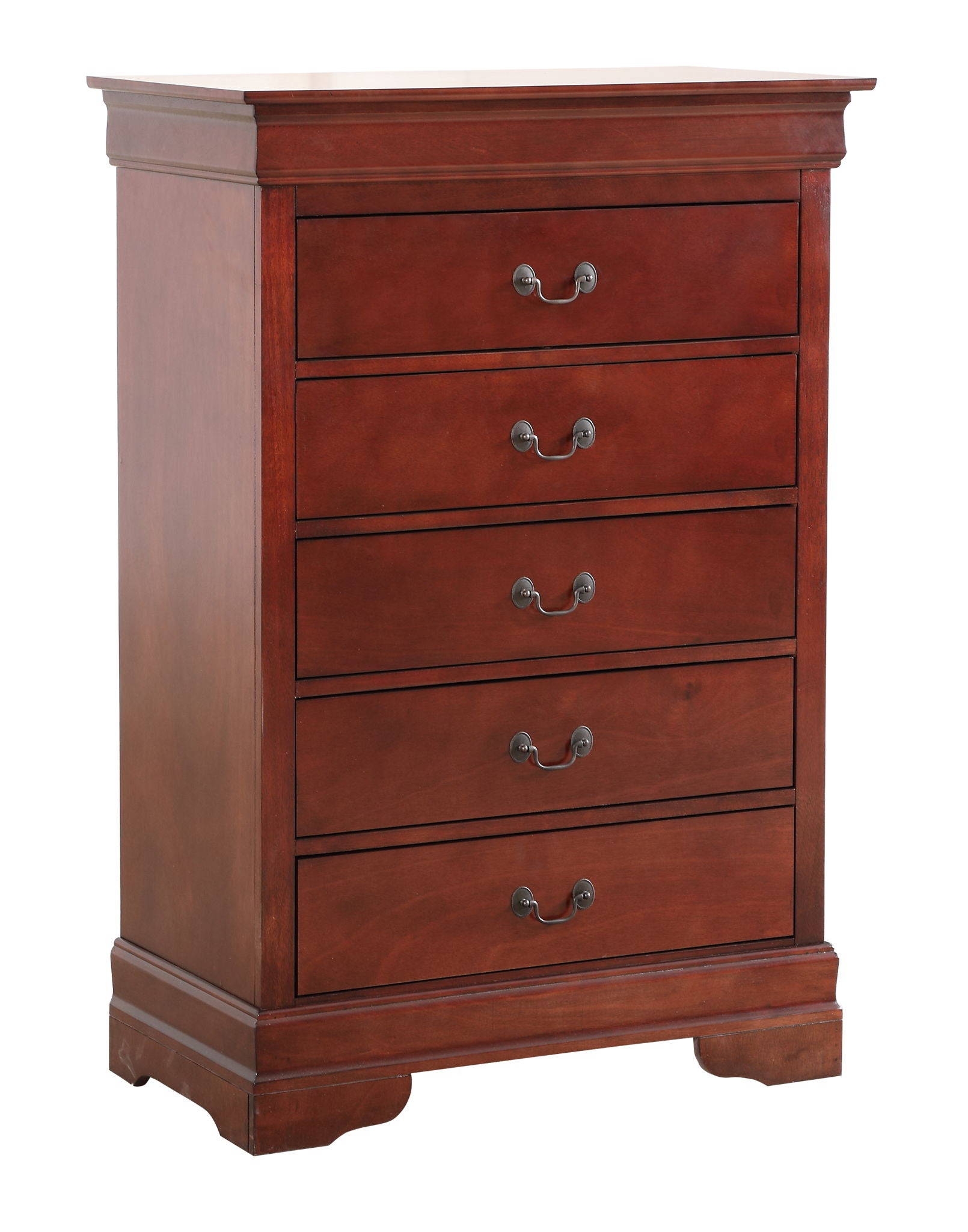 The Traditional Style Storage Chest Elegant features five drawers, dark metal handles, a smooth reddish-brown finish, and a classic rectangular design with sturdy feet.