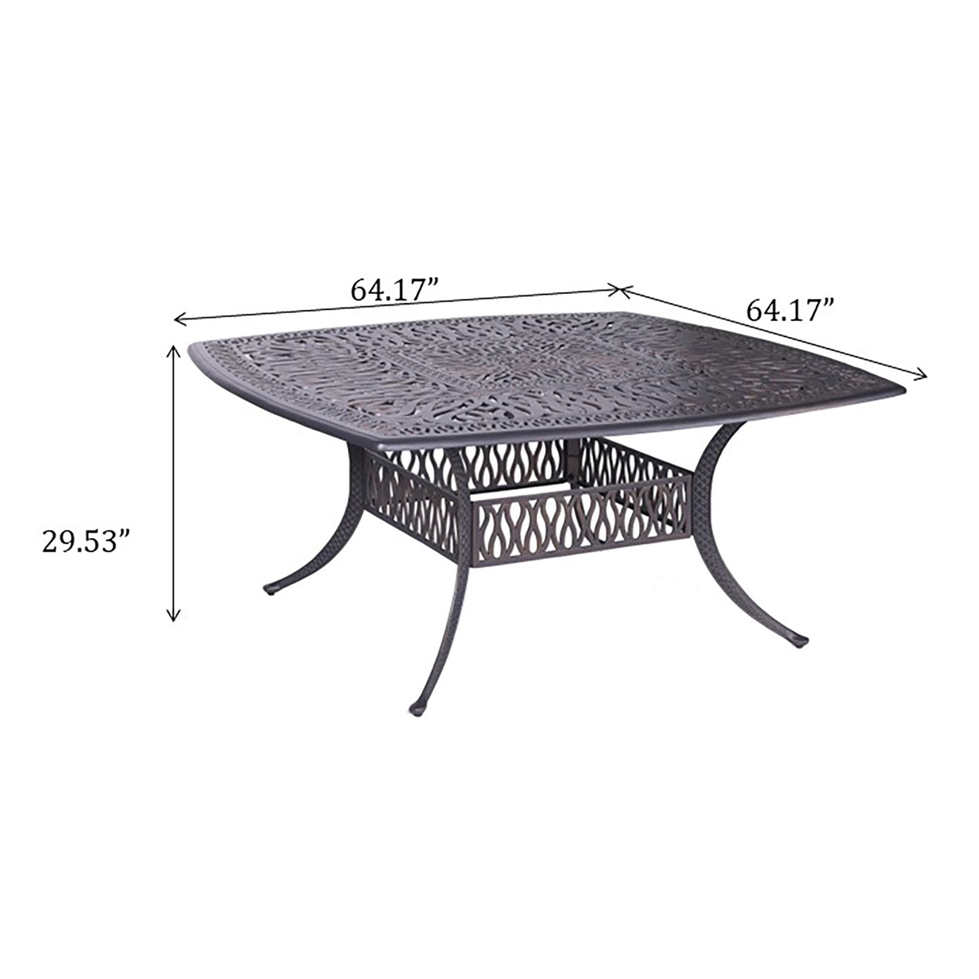 The Square 8 Person 64" Long Aluminum Dining Set With Cushions features a square metal table with decorative cutout design, curved legs, and measures 64.17” wide x 64.17” deep x 29.53” high.