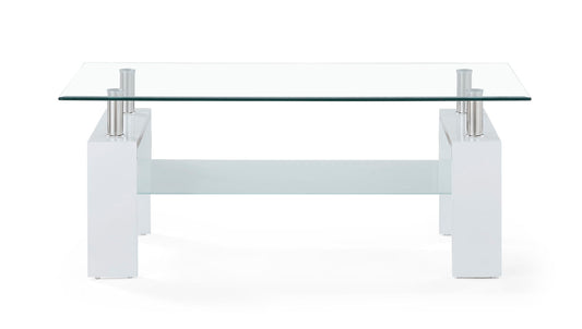 The Marshall Table features a clear glass top, sturdy white legs with metal accents, and a frosted glass shelf beneath for modern style and functionality.