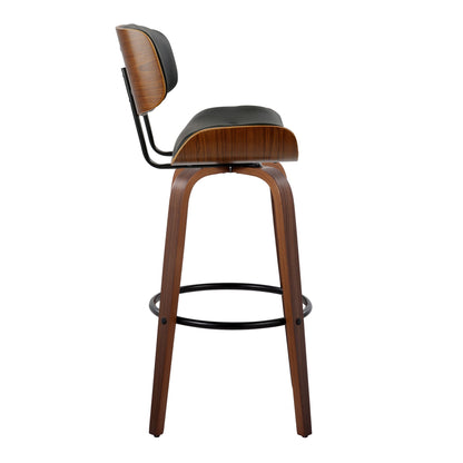 The Lombardi Mid-Century Modern Fixed Height Barstool features a curved wood backrest and seat, black cushion, four wooden legs, and a round black footrest. Shown from the side against a white background. Set of 2.