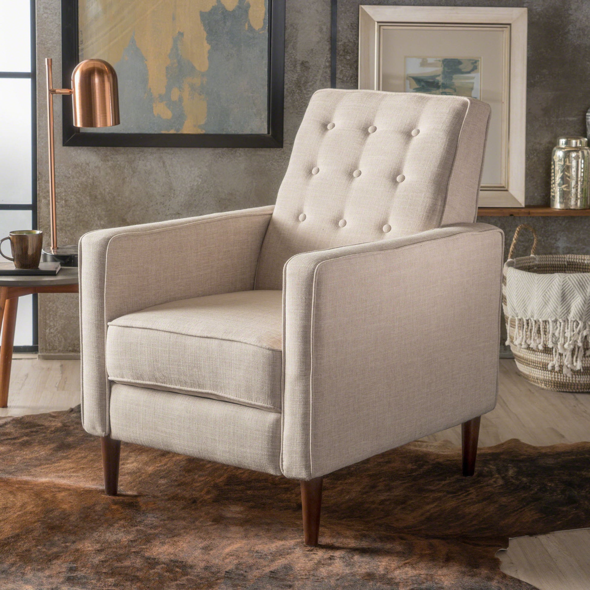 A Mid-Century Modern Recliner With Button Tufted Waffle Stitch and wooden legs rests on a brown rug in a stylish living room with contemporary decor, artwork, a lamp, and a wicker basket in the background.