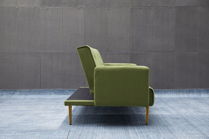The Comfort Compact Design Sofa Bed, featuring a green modern look with gold legs, is displayed from the side on a blue rug in front of a gray tiled wall.
