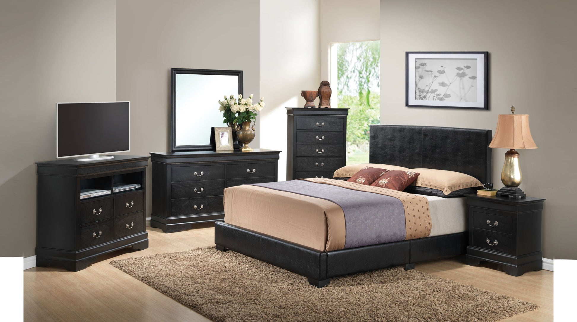 Modern bedroom featuring the Elegant Platform Bed For Relaxed Spaces with dark wood furniture, two dressers, a nightstand and lamp, TV stand with flat-screen TV, large mirror, and neutral bedding on a beige rug.