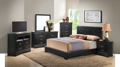 Modern bedroom featuring the Elegant Platform Bed For Relaxed Spaces with dark wood furniture, two dressers, a nightstand and lamp, TV stand with flat-screen TV, large mirror, and neutral bedding on a beige rug.