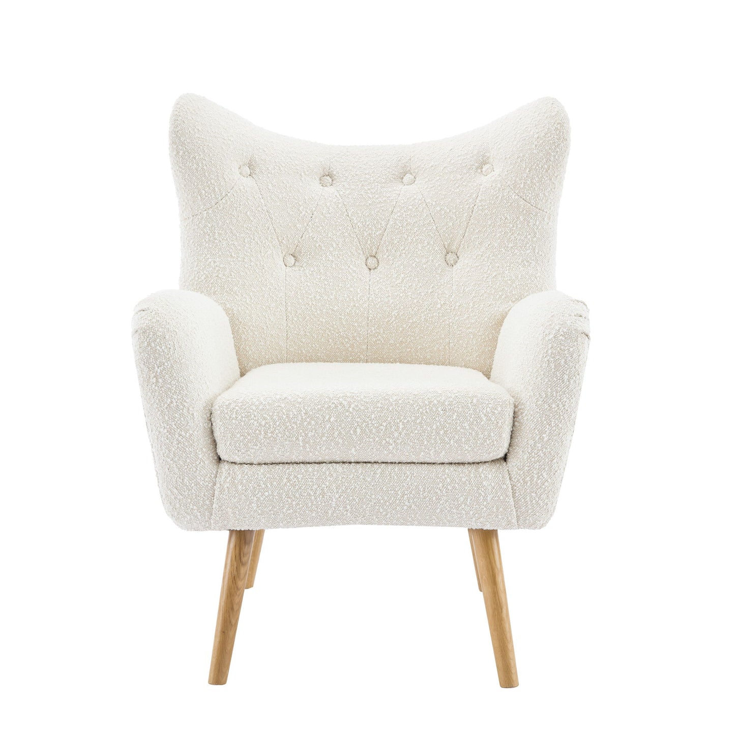 The Mid-Century Modern Arm Chair features a wingback design, textured off-white upholstery, tufted backrest, rounded arms, and light wooden angled legs, displayed against a white background.