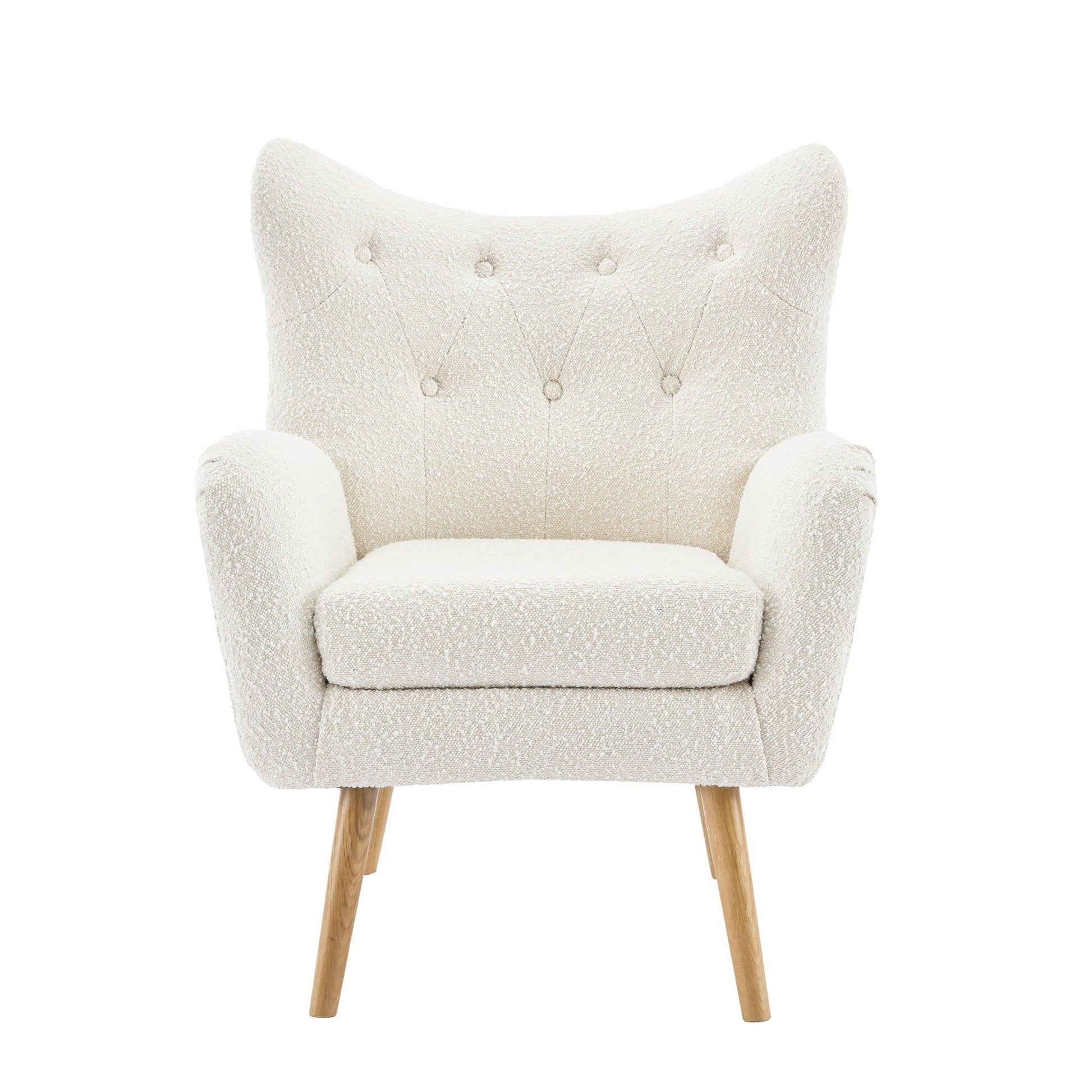 The Mid-Century Modern Arm Chair features a wingback design, textured off-white upholstery, tufted backrest, rounded arms, and light wooden angled legs, displayed against a white background.