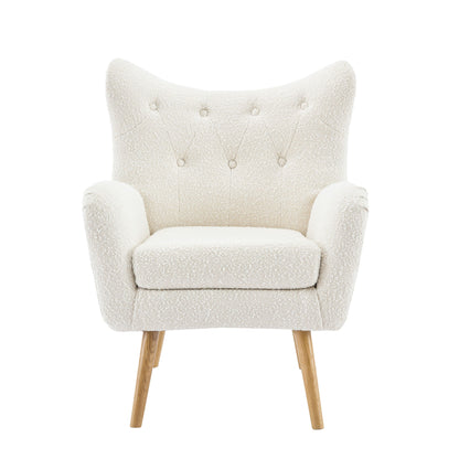 The Mid-Century Modern Arm Chair features a wingback design, textured off-white upholstery, tufted backrest, rounded arms, and light wooden angled legs, displayed against a white background.
