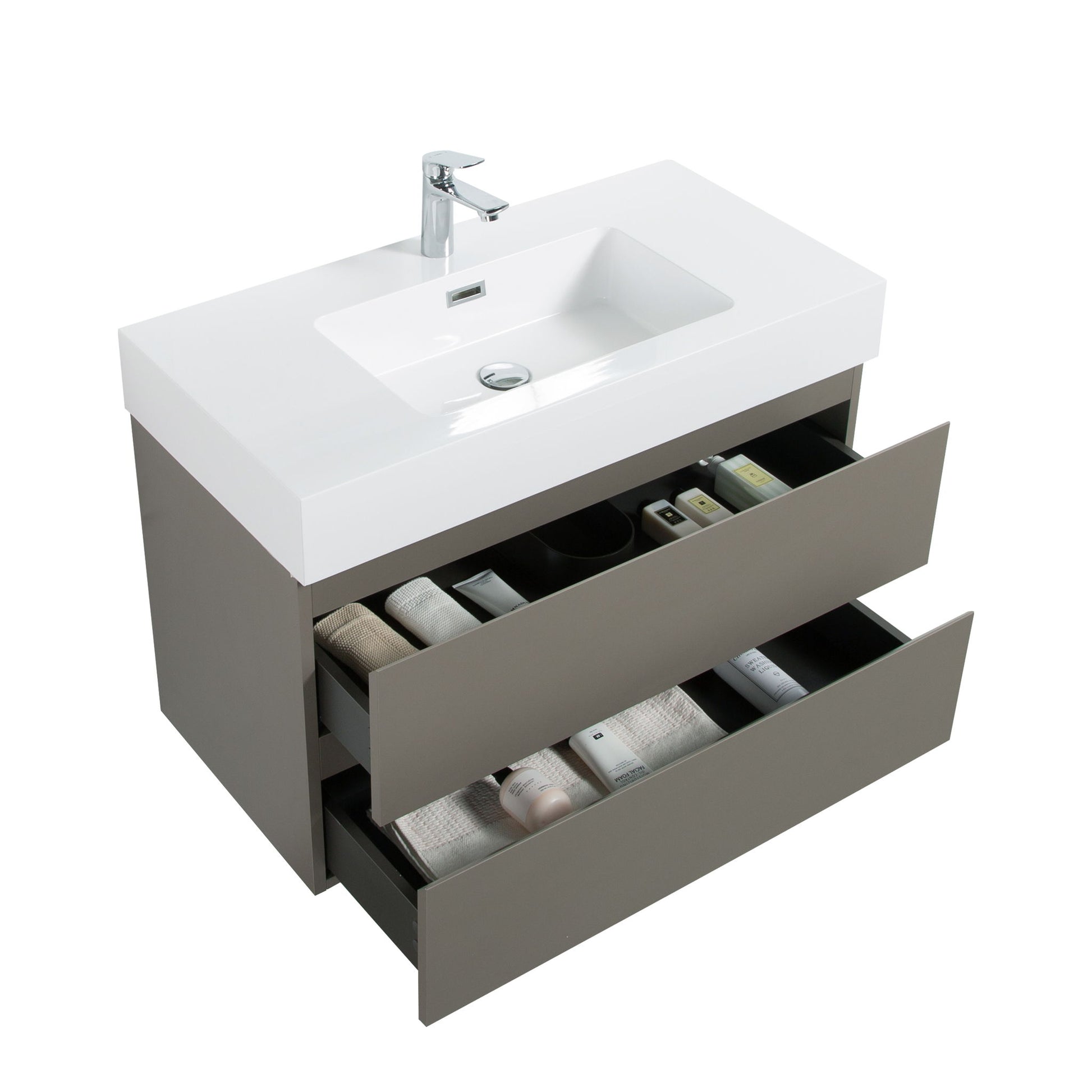 The Alice Bathroom Vanity features a modern, wall-mounted design with a white one-piece rectangular sink and large storage drawers organized for towels and toiletries. Faucet and drain not included.