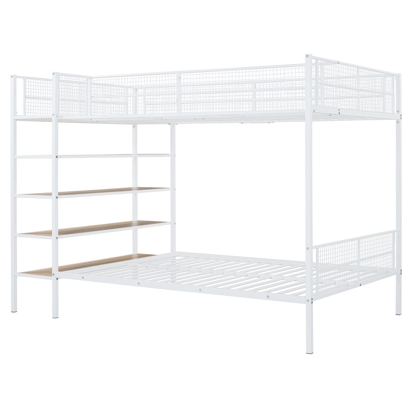 The Bunk Bed With 5 Tier Shelves features a white metal frame, top and bottom bunk, safety rails on the top bunk, a left-side built-in ladder, and five integrated wooden shelves on the side. No mattresses included.