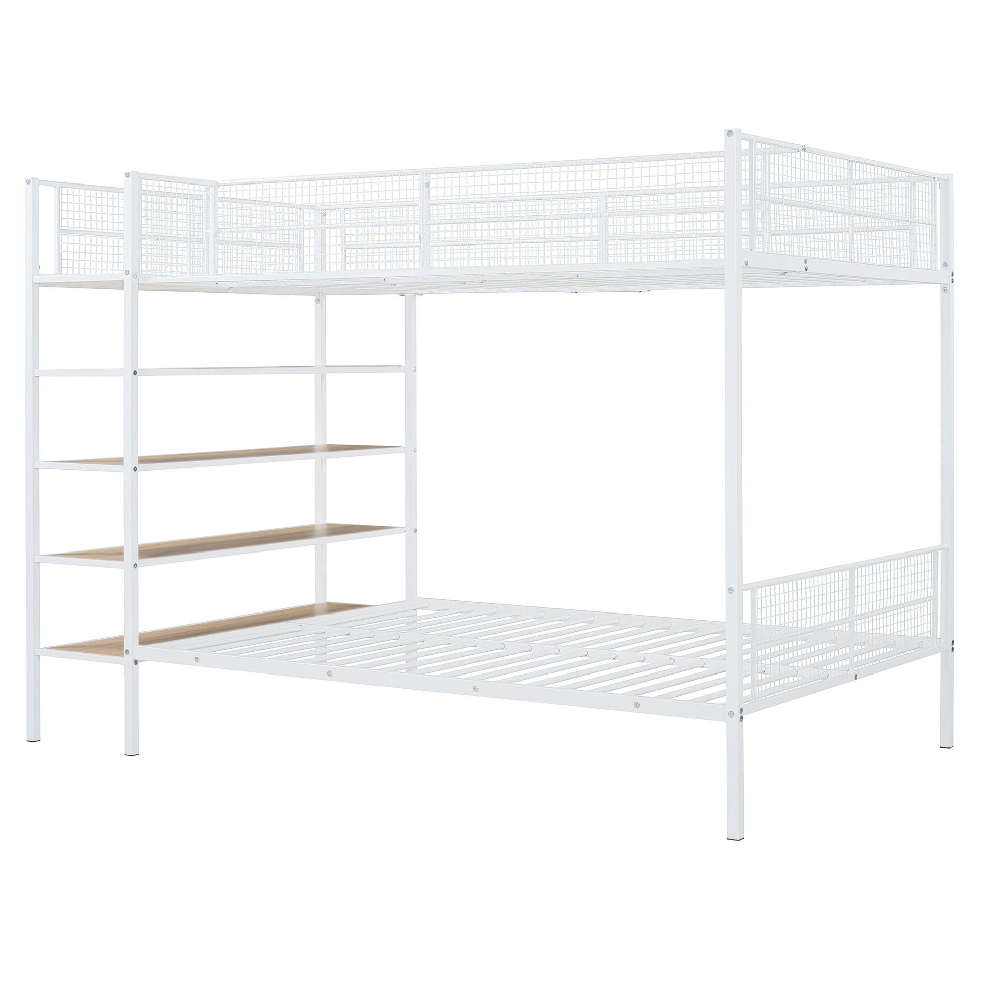 The Bunk Bed With 5 Tier Shelves features a white metal frame, top and bottom bunk, safety rails on the top bunk, a left-side built-in ladder, and five integrated wooden shelves on the side. No mattresses included.