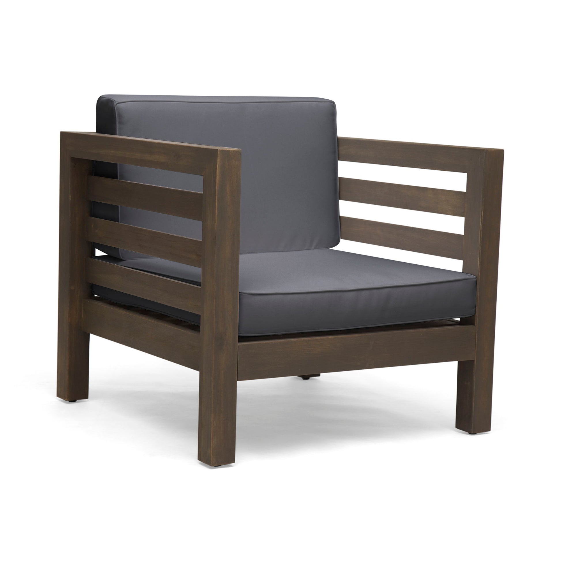 The Outdoor Acacia Wood Patio Chair With Fabric Cushion features a dark acacia wood frame, wide slatted sides, and plush seat and back cushions upholstered in dark gray fabric for modern style and comfort.