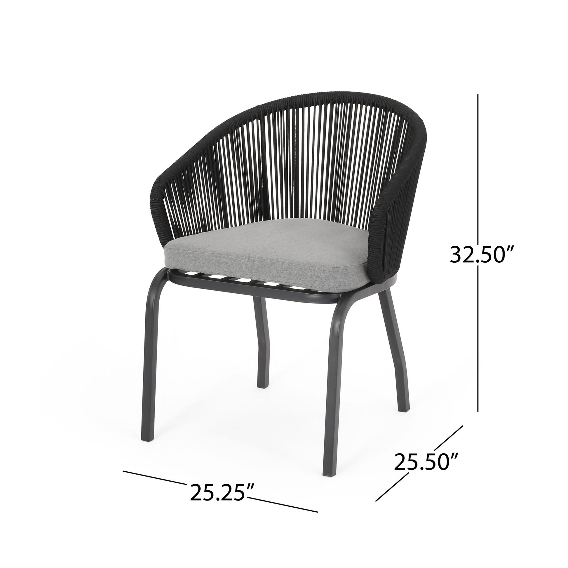 The Outdoor Wicker Chair features a modern black design with a curved, open woven backrest, powder-coated iron legs, and a gray cushioned seat. Dimensions: 32.5" H x 25.25" W x 25.5" D.