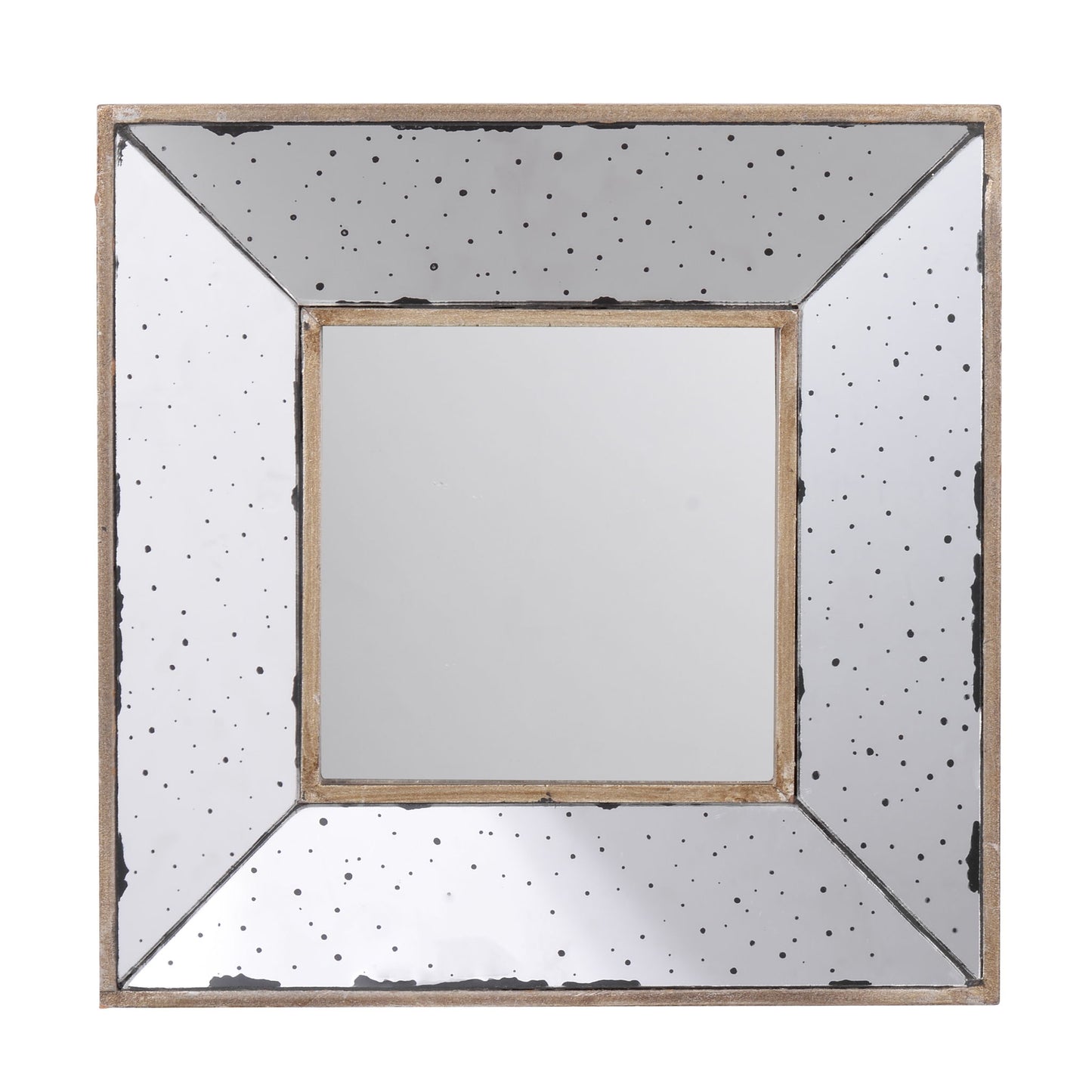 The Distressed Accent Mirror is a traditional style framed wall mirror for living rooms, featuring a wide, beveled frame with an antique distressed finish and scattered dark speckles around a plain central mirror.