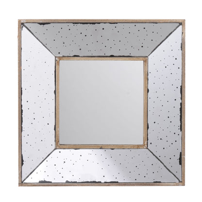 The Distressed Accent Mirror is a traditional style framed wall mirror for living rooms, featuring a wide, beveled frame with an antique distressed finish and scattered dark speckles around a plain central mirror.