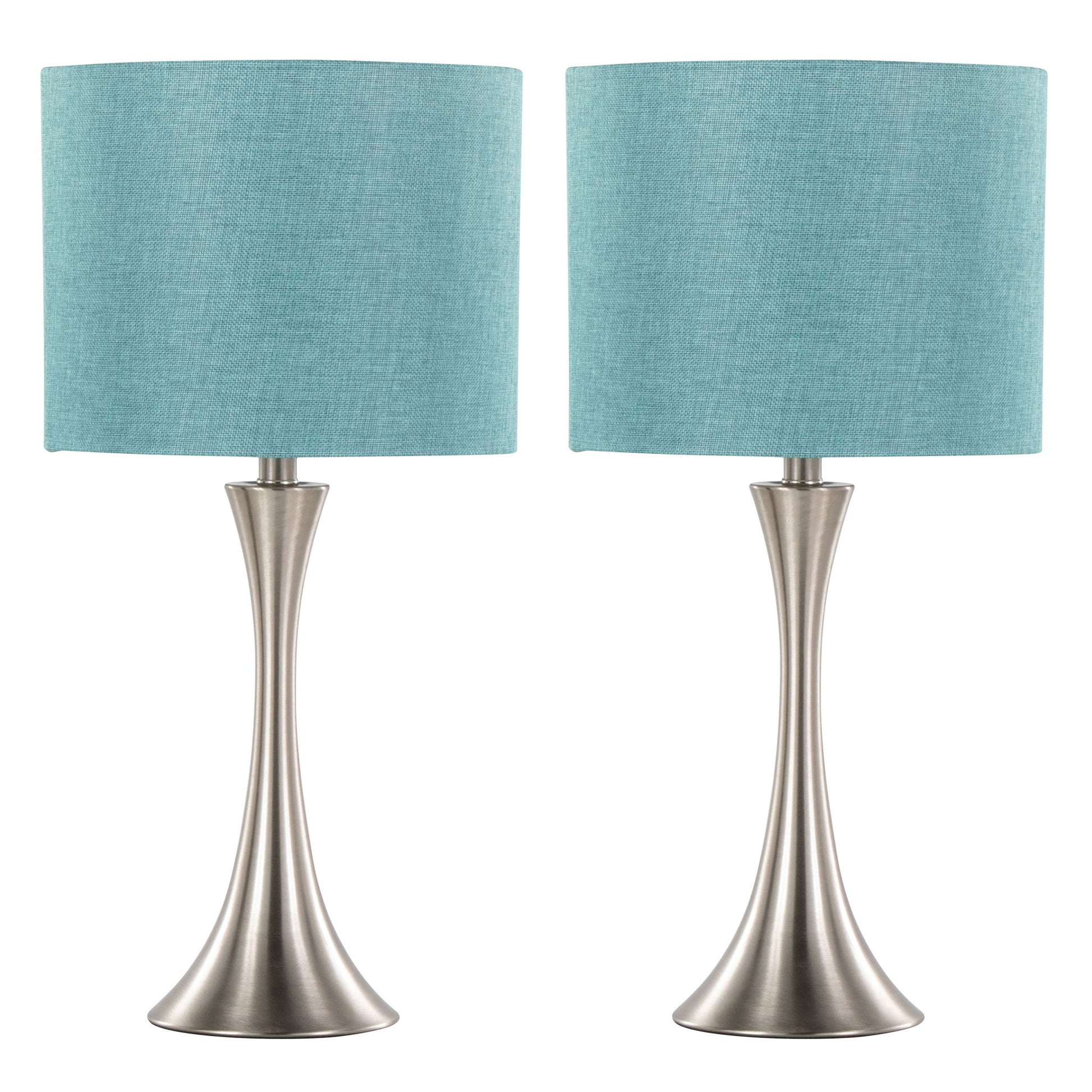 The Lenuxe Contemporary Semi Gloss Table Lamps (Set of 2) feature sleek brushed metal bases and cylindrical teal fabric shades, shown side by side against a white background.