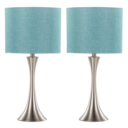 The Lenuxe Contemporary Semi Gloss Table Lamps (Set of 2) feature sleek brushed metal bases and cylindrical teal fabric shades, shown side by side against a white background.