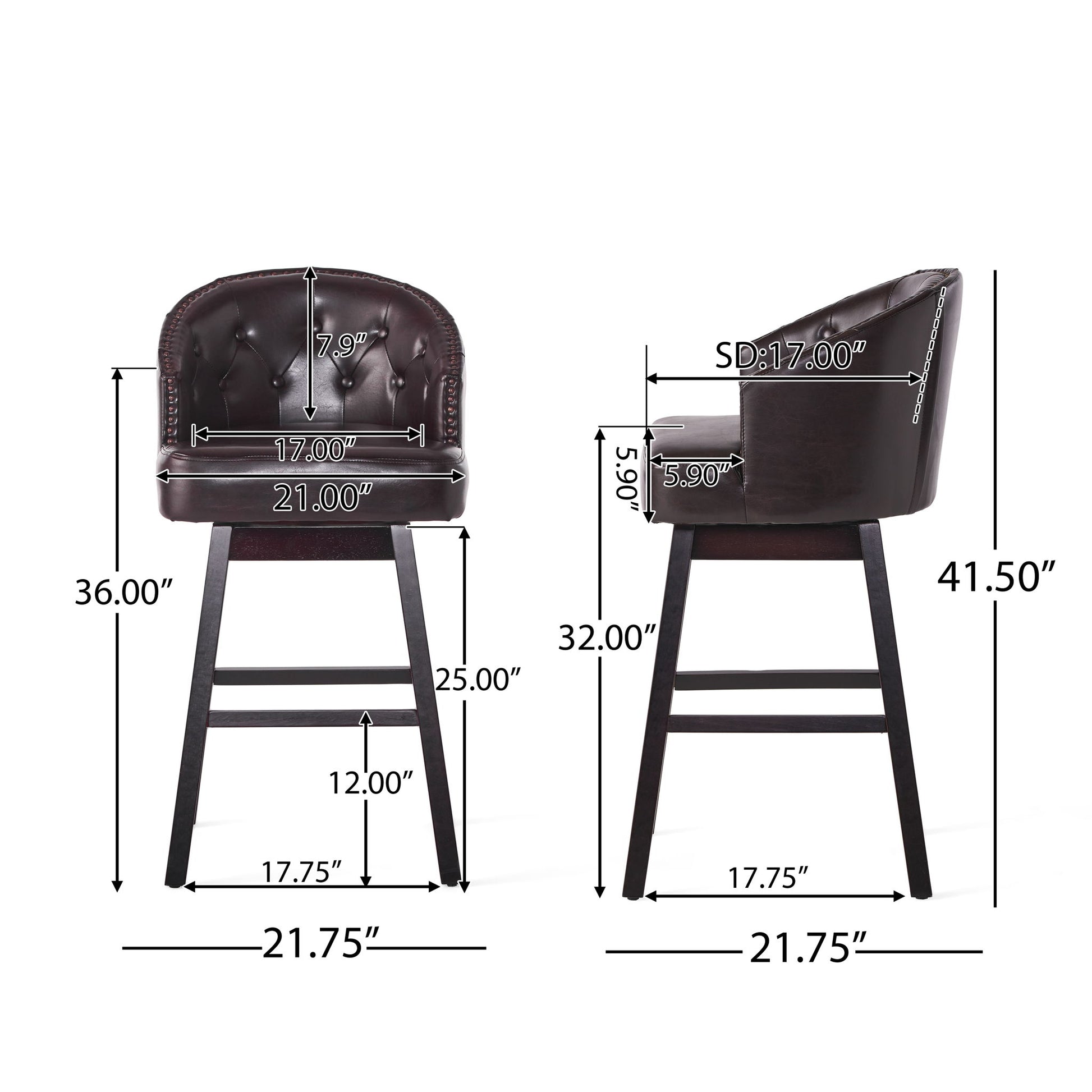Two views of the Mellifluous 360 Degree Swivel Bar Stool with stunning nailhead trim (set of 2), showing labeled measurements: seat width 21", seat depth 17", seat height 25", overall height 41.5", and width 21.75".