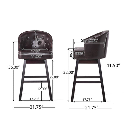 Two views of the Mellifluous 360 Degree Swivel Bar Stool with stunning nailhead trim (set of 2), showing labeled measurements: seat width 21", seat depth 17", seat height 25", overall height 41.5", and width 21.75".