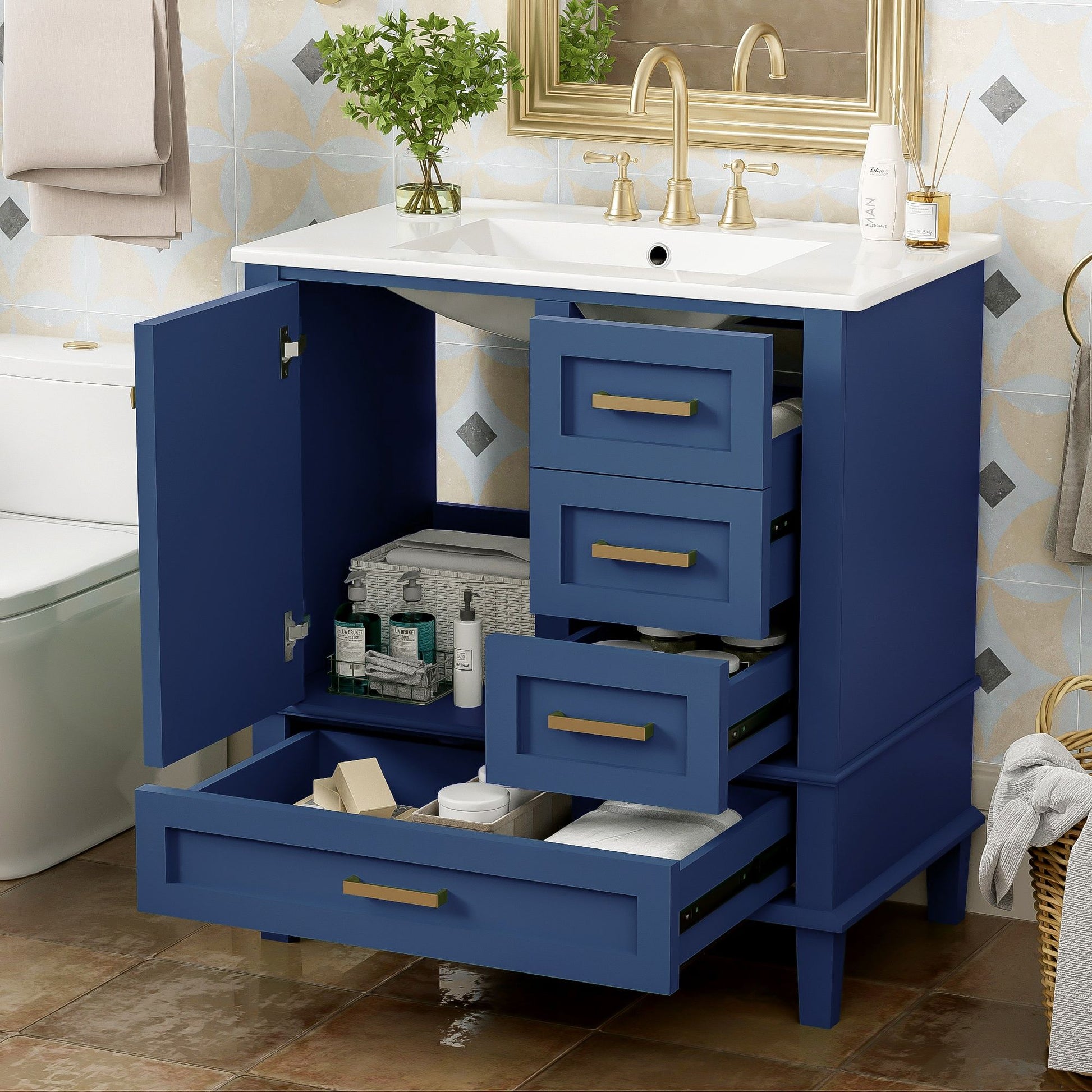A modern bathroom vanity with a solid wood frame, white sink, soft closing door, and 3 drawers showcases organized storage beneath a gold faucet. A mirror, plant, and soap sit on the counter of this bathroom cabinet combo set.