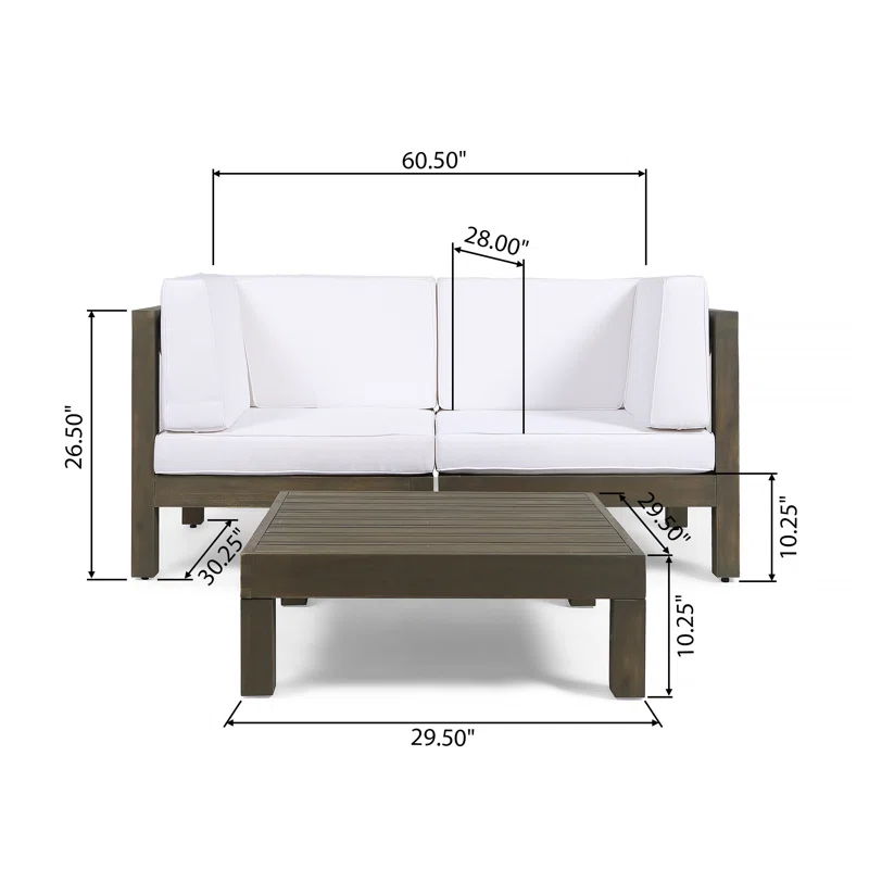 The Oana 3 Piece Love Seat Set With Coffee Table features a modern outdoor loveseat with white cushions and a dark wood frame, paired with a matching coffee table. Dimensions for height, width, and depth are provided for both pieces.