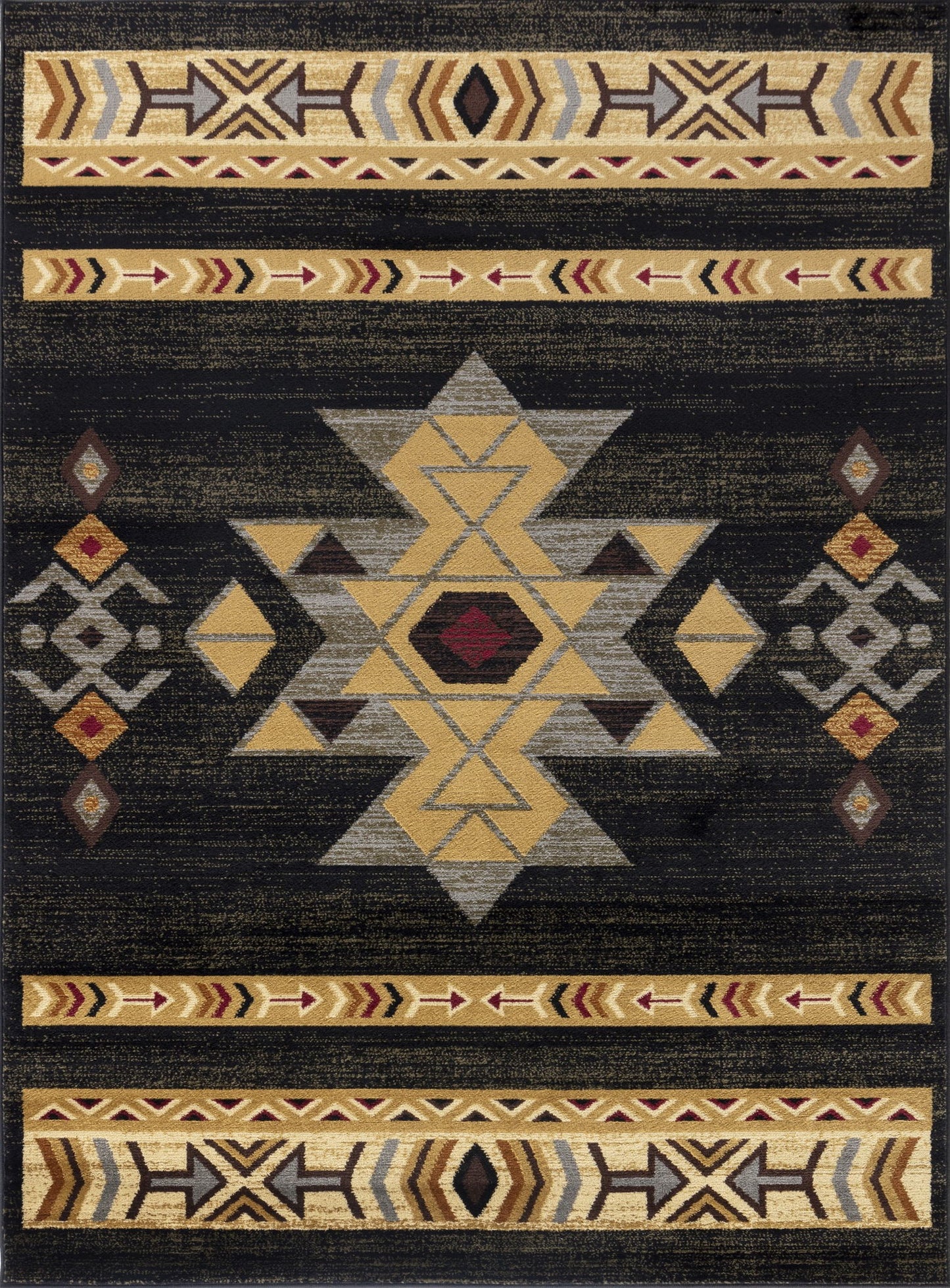 The Tribes - GC_YLS4004 Southwest Area Rug features geometric Southwestern patterns in gold, tan, red, and gray on black, with central diamond motifs, arrows, lines, and decorative borders at the top and bottom.