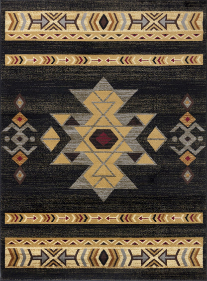 The Tribes - GC_YLS4004 Southwest Area Rug features geometric Southwestern patterns in gold, tan, red, and gray on black, with central diamond motifs, arrows, lines, and decorative borders at the top and bottom.