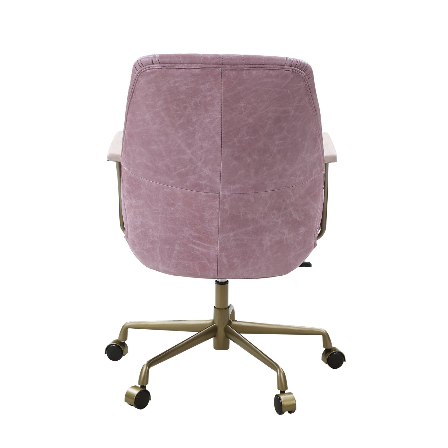 Back view of the Hamilton Top Grain Leather Office Chair featuring a pink leather cushioned seat and backrest, with a metal frame, five caster wheels, and adjustable height.