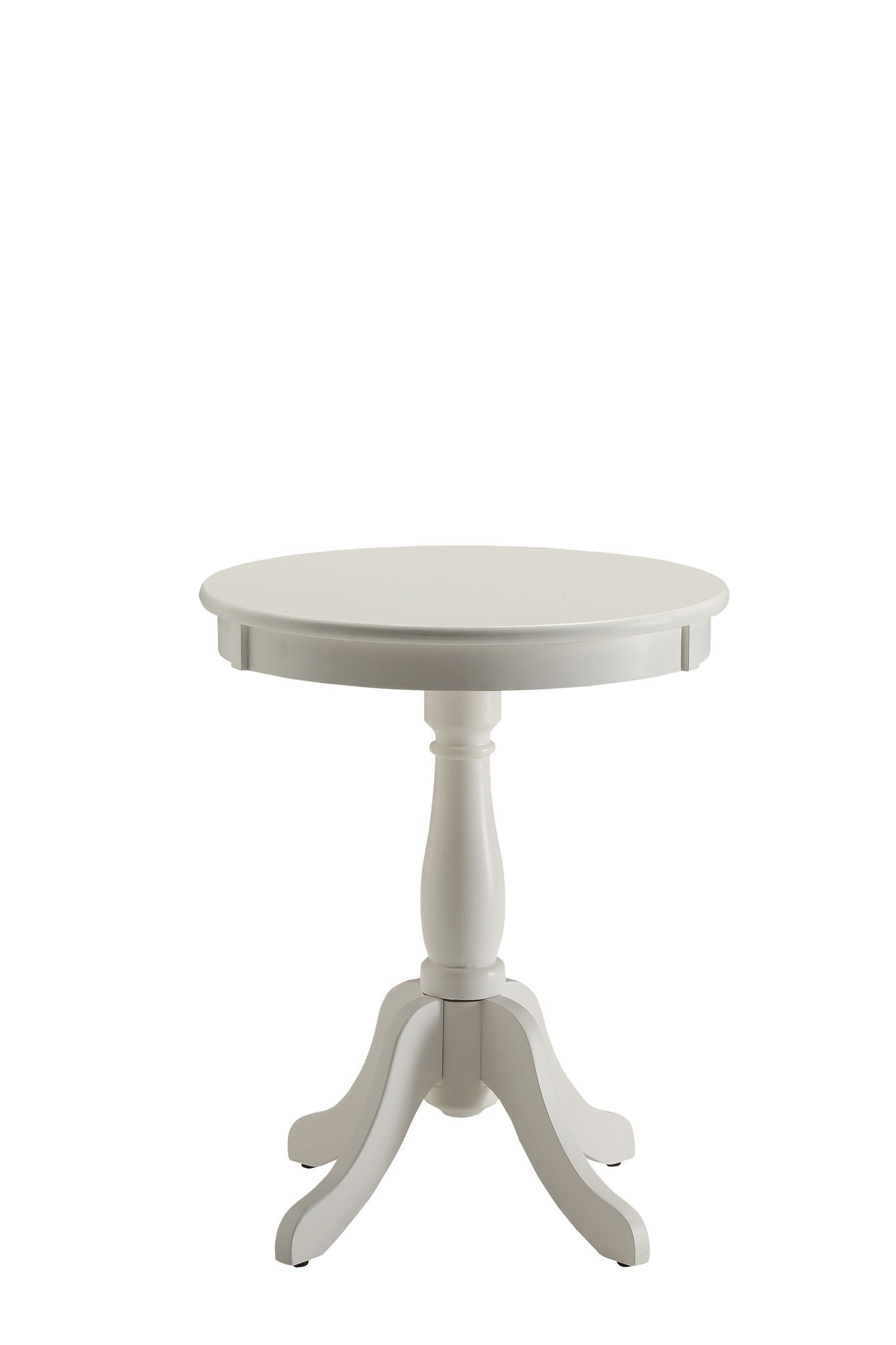 The Alger Accent Table in white features a small, round wooden top and a single pedestal base that divides into four curved legs, displayed against a plain white background.