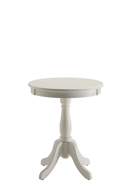 The Alger Accent Table in white features a small, round wooden top and a single pedestal base that divides into four curved legs, displayed against a plain white background.