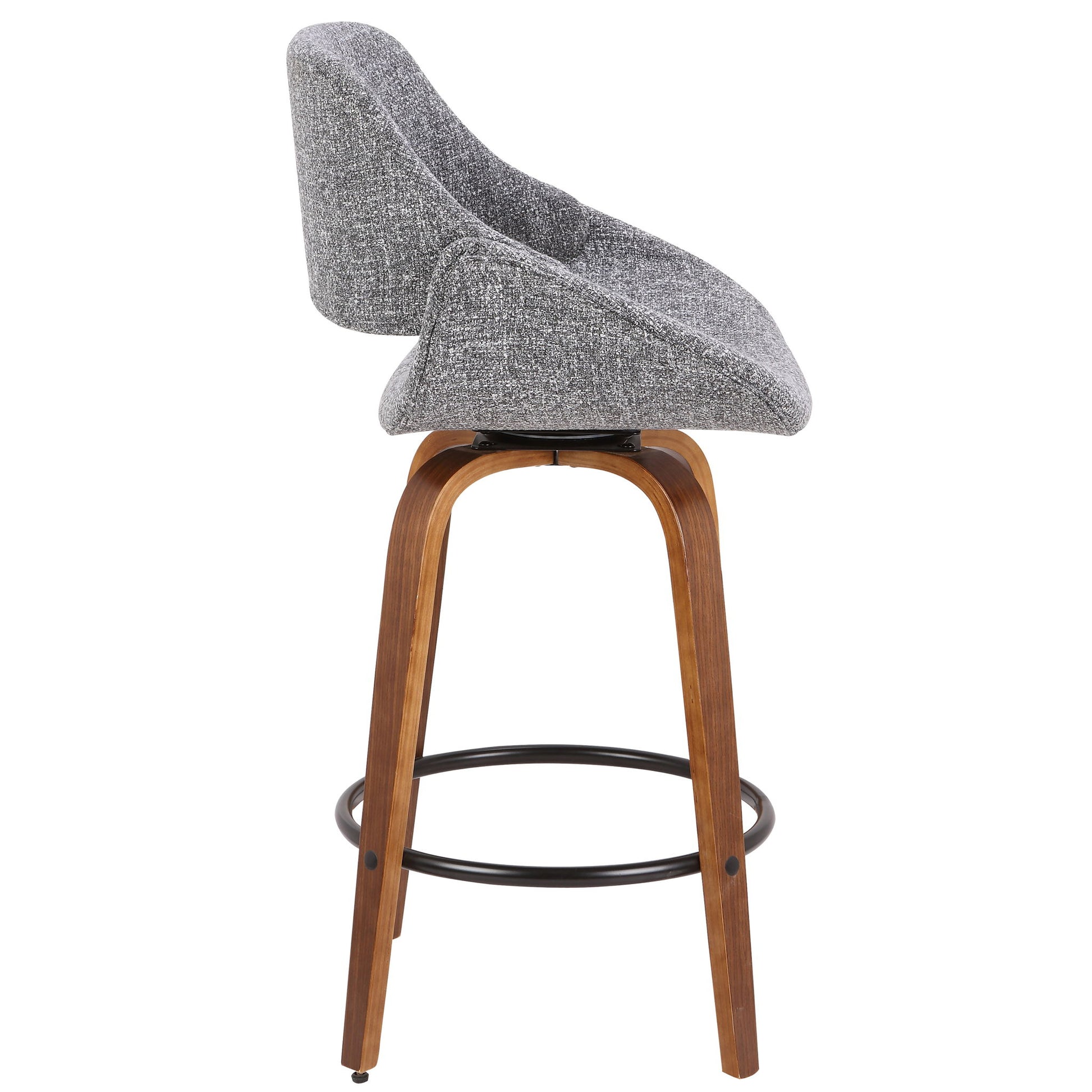 The Fabrico - Mid Century Inviting Design Modern Counter Stool features a curved gray fabric seat and backrest, four angled walnut-finished wooden legs, and a circular black metal footrest, shown in side profile view.