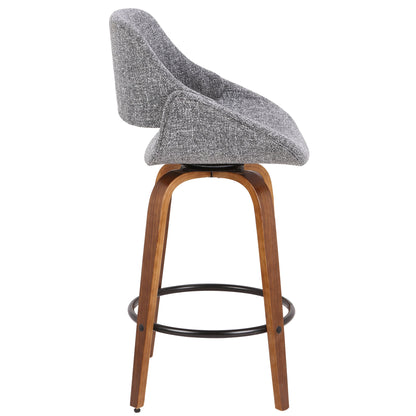 The Fabrico - Mid Century Inviting Design Modern Counter Stool features a curved gray fabric seat and backrest, four angled walnut-finished wooden legs, and a circular black metal footrest, shown in side profile view.