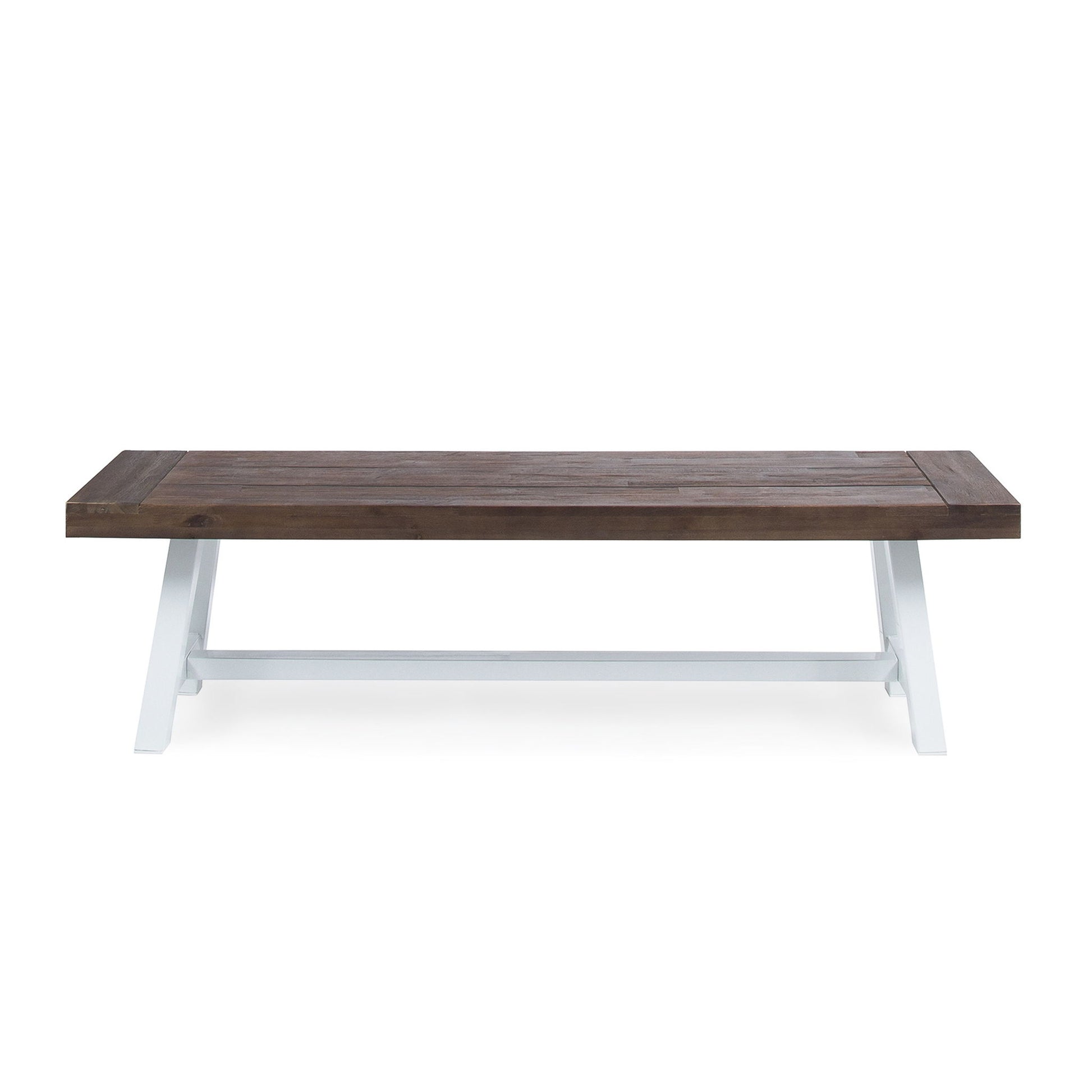 The Tranquilizer outdoor bench features a rectangular acacia wood seat with a slat panel design and sturdy angled white legs, shown against a plain white background.