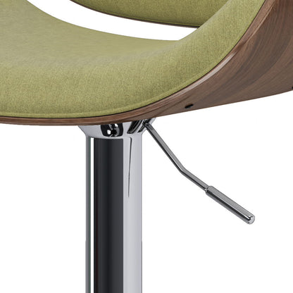 Close-up of the Marana - Multifunctional Handcrafted Bentwood Adjustable Swivel Bar Stool, featuring a green cushioned seat with a wooden edge and a chrome hydraulic height adjustment lever and base.
