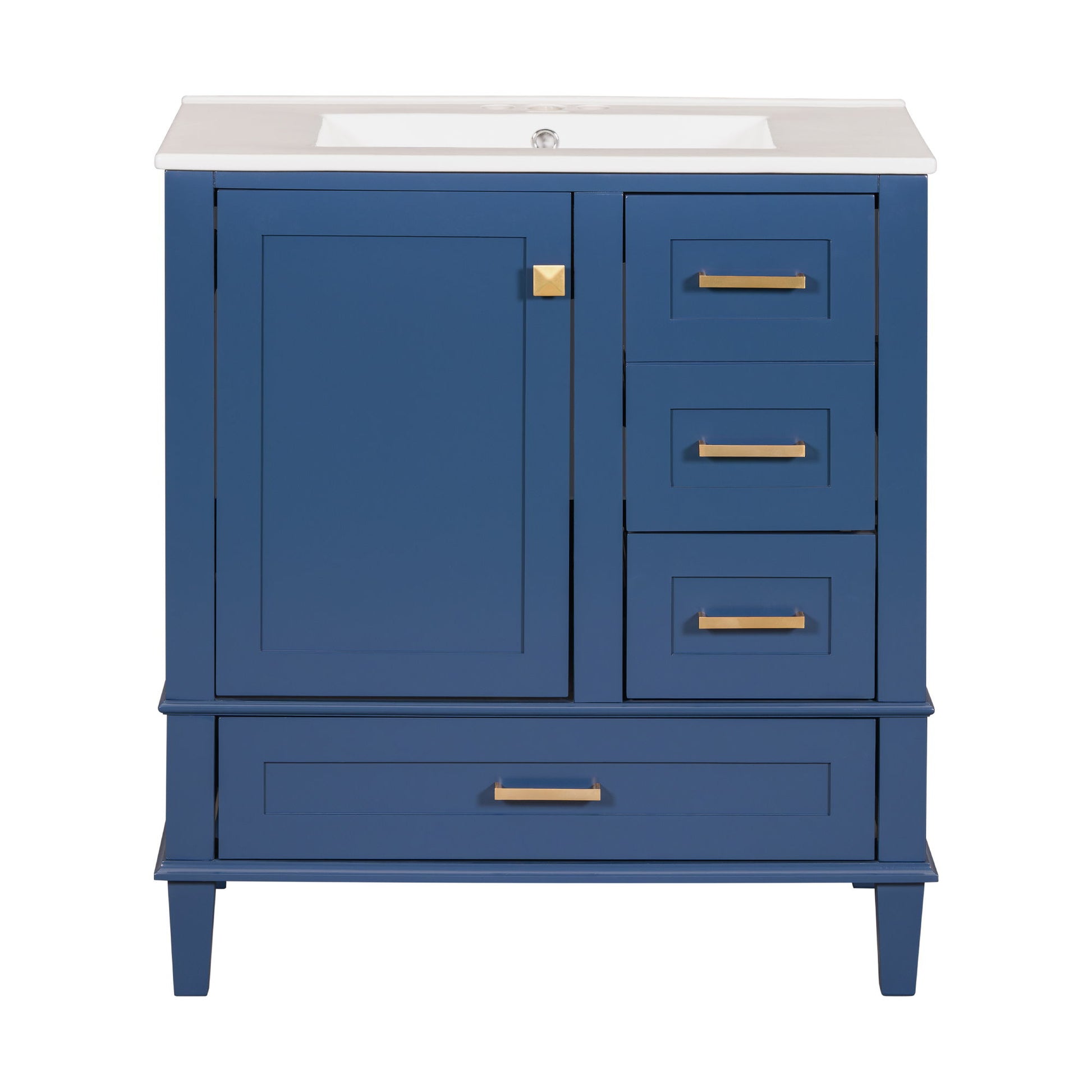 A modern blue bathroom vanity with a white countertop, inset sink, one soft-closing door on the left, three right-side drawers with gold handles, and a large bottom center drawer. Solid wood frame.