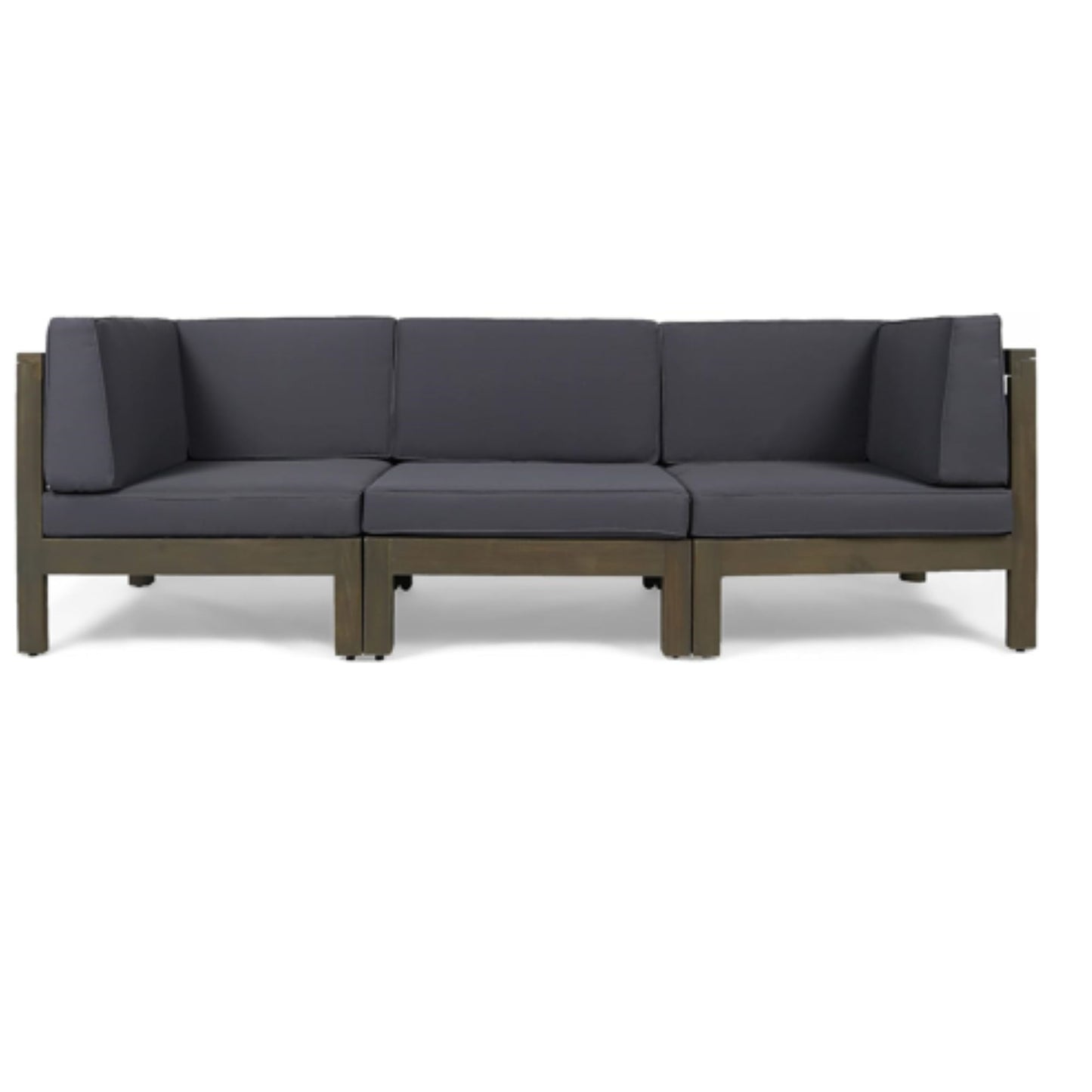 The Oana 3 Piece Sofa Set features a modern wooden frame, dark gray water-resistant cushions, three connected seating sections, and square armrests on each end.