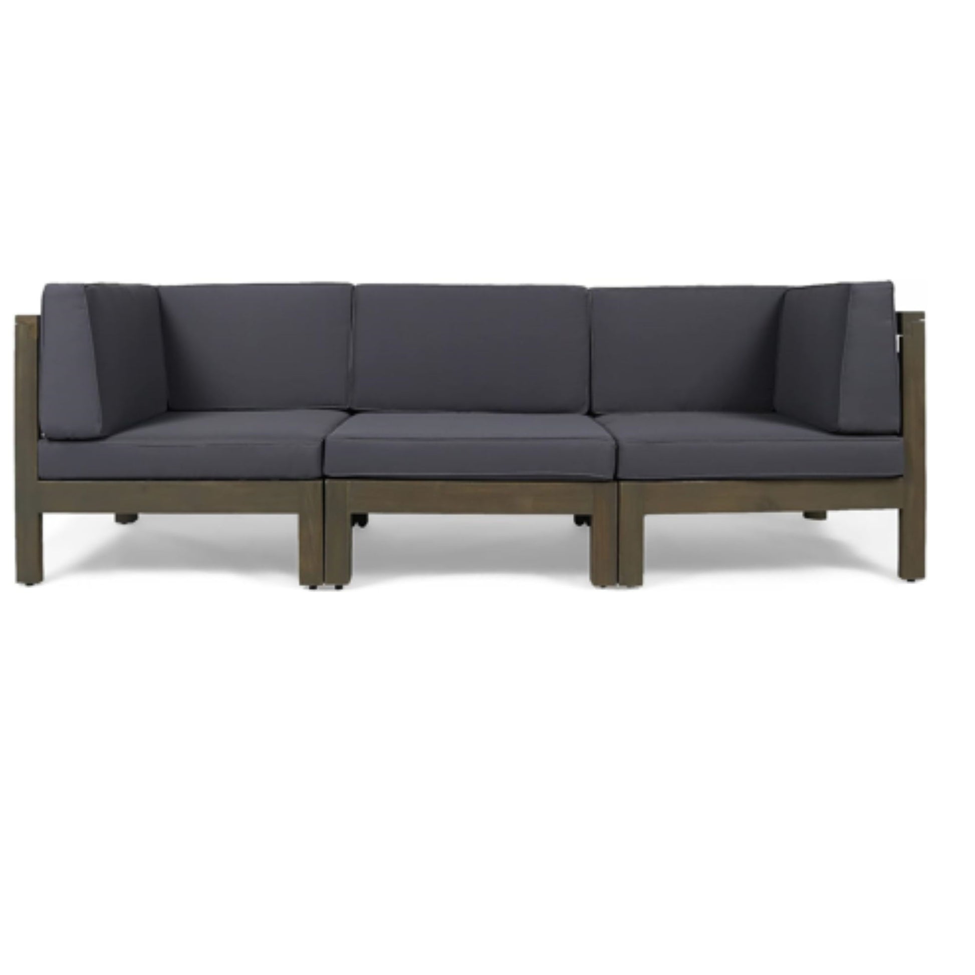 The Oana 3 Piece Sofa Set features a modern wooden frame, dark gray water-resistant cushions, three connected seating sections, and square armrests on each end.